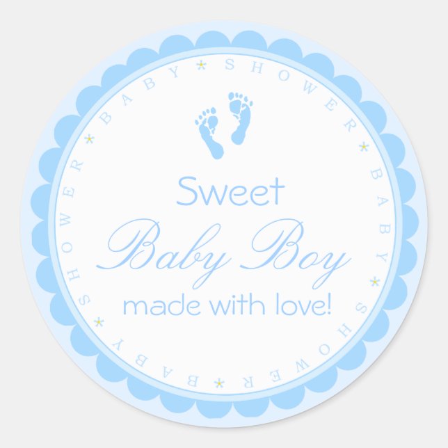Sweet Baby Boy Blue Footprints Baby Dusche Runder Aufkleber (Vorderseite)