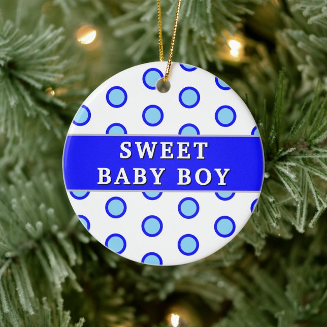 Sweet Baby Boy Blue Polka Dots Birth Stats Keramik Ornament (Baum)