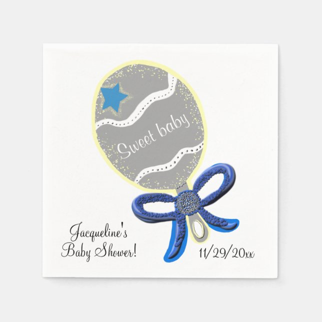 Sweet Baby Boy Rattle Blue Bow Baby Dusche Serviette (Vorderseite)