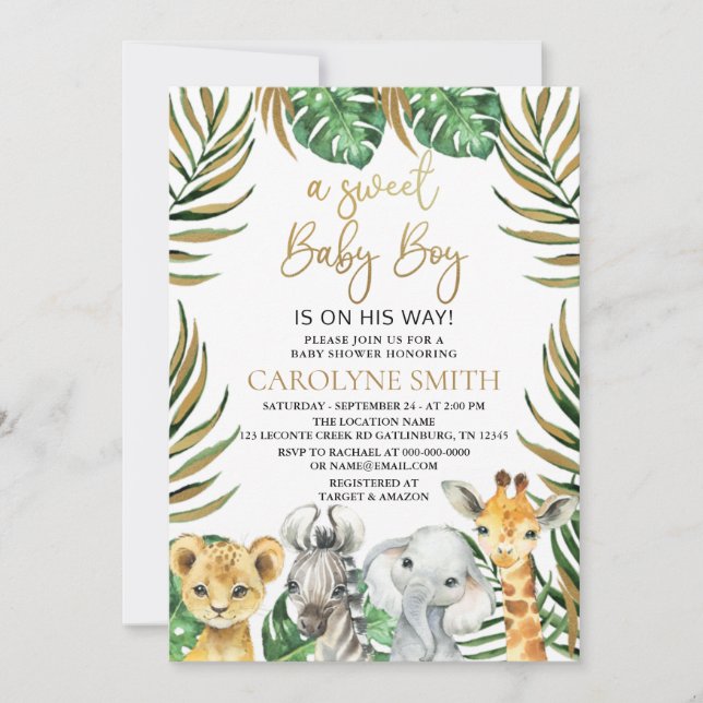 Sweet Baby Boy Safari Jungle Animals Baby Dusche Einladung (Vorderseite)