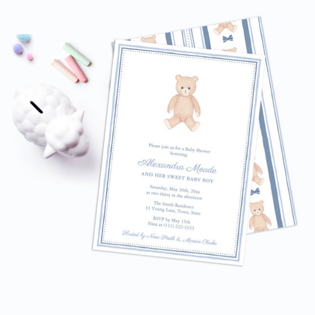 Sweet Baby Boy Teddy Bear Baby Dusche Party Einladung (Nostalgic Baby Shower invitations for boy featuring a hand painted watercolor teddy bear)