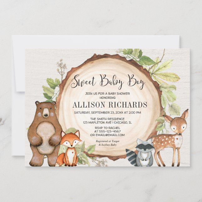 Sweet Baby Boy Wald Freunde woodland Babydusche Einladung (Vorderseite)