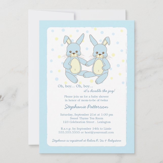 Sweet Baby Bunny Twin Boys Babydusche Einladung (Vorderseite)