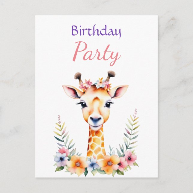 Sweet Baby Giraffe Floral Girl's Birthday Party Postkarte (Vorderseite)