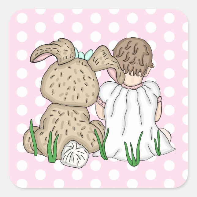 Sweet Baby Girl and Easter Bunny Polka Dot Quadratischer Aufkleber (Vorderseite)