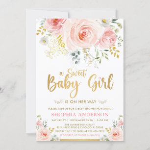 Sweet Baby Girl Blush Pink Gold Floral Baby Dusche Einladung