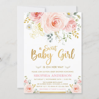 Sweet Baby Girl Blush Pink Gold Floral Baby Dusche Einladung