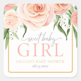 Sweet Baby Girl Blush Pink Rose Floral Baby Shower Quadratischer Aufkleber
