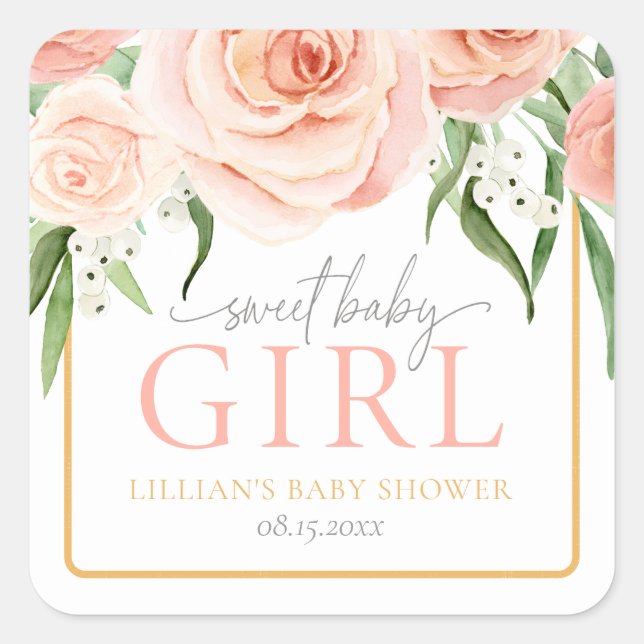 Sweet Baby Girl Blush Pink Rose Floral Baby Shower Quadratischer Aufkleber (Vorderseite)
