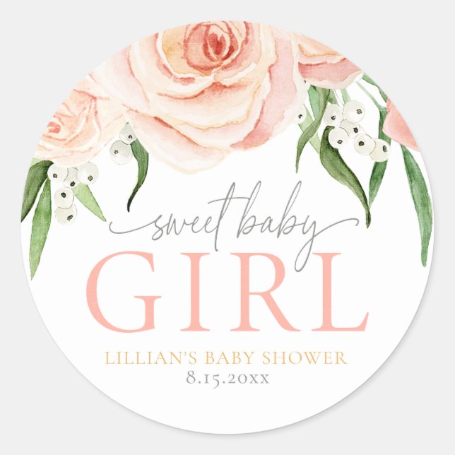 Sweet Baby Girl Blush Pink Rose Floral Sticker (Vorderseite)