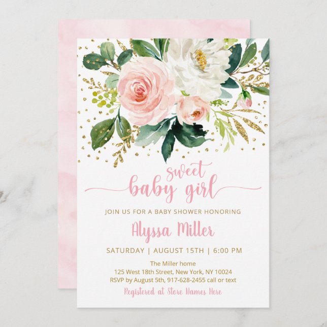 Sweet Baby Girl Boho Floral Pink Gold Baby Dusche Einladung (Vorne/Hinten)