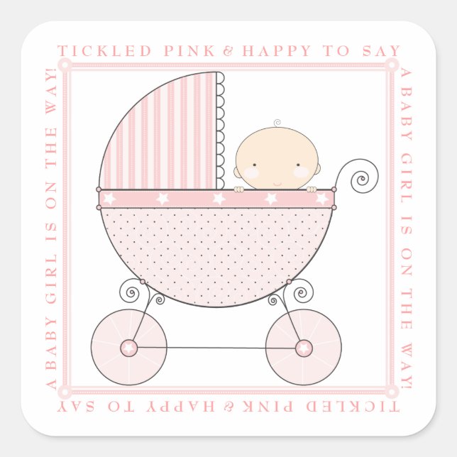 Sweet Baby Girl Carriage Baby Dusche in Pink Quadratischer Aufkleber (Vorderseite)