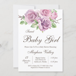 Sweet Baby Girl Dusche Einladungen, violette Blume Einladung
