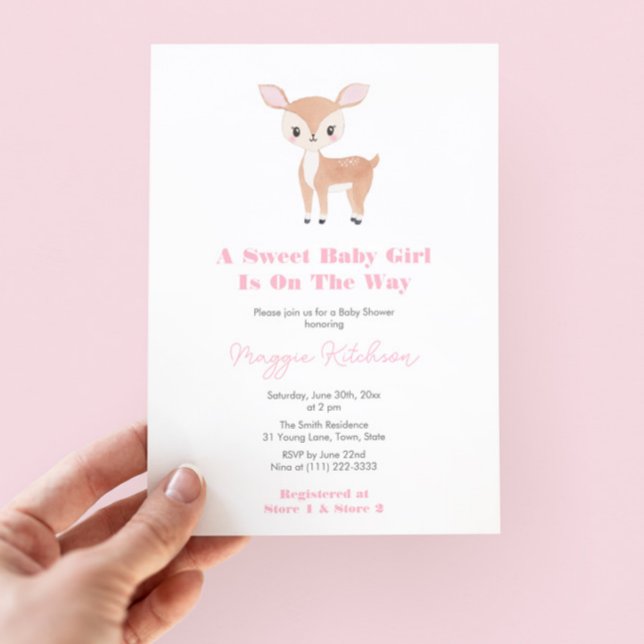 Sweet Baby Girl Fawn Baby Dusche Party Einladung (Sweet Baby Girl Woodland Baby Shower Invitation With Watercolor Fawn And Pink White Buffalo Check)