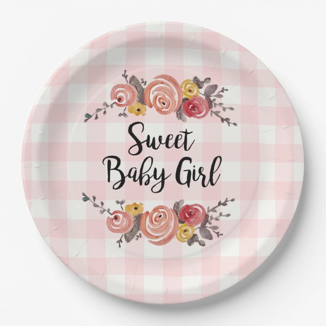 Sweet Baby Girl Gingham Baby Shower Pappteller (Vorderseite)