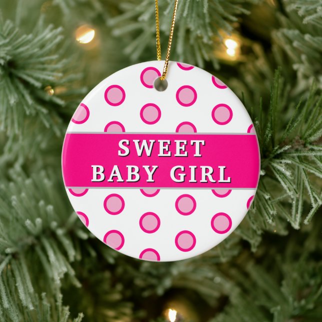 Sweet Baby Girl Pink Polka Dots Birth Stats Keramik Ornament (Baum)