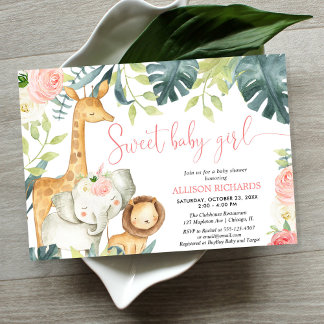 Sweet baby girl Safari Dschungeltiere Baby Dusche Einladung