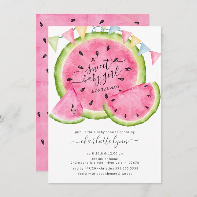 Sweet Baby Girl Watermelon Kinderdusche Einladung (Vorne/Hinten)