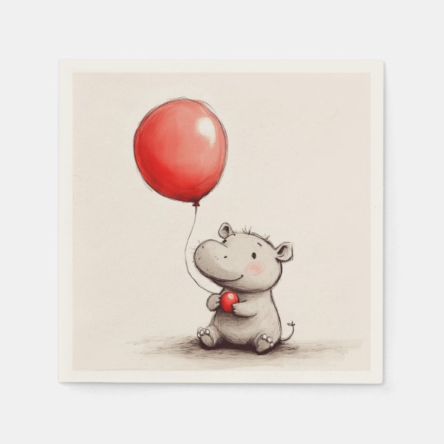 Sweet Baby Hippo mit Red Balloon Paper Serviette (Vorderseite)