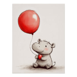 Sweet Baby Hippo mit Red Balloon Poster