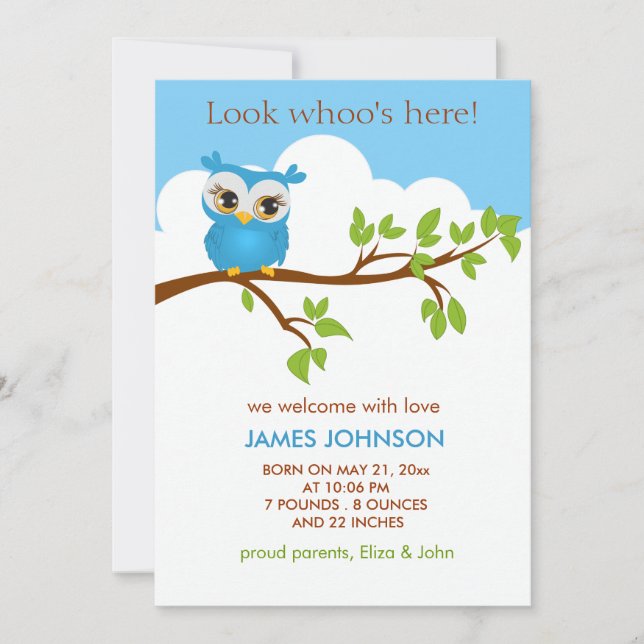 Sweet Baby Owl Boy Birth Announccard Ankündigung (Vorderseite)