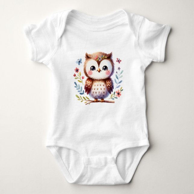 Sweet Baby Owl with Flowers | Cute Animal Art Baby Strampler (Vorderseite)