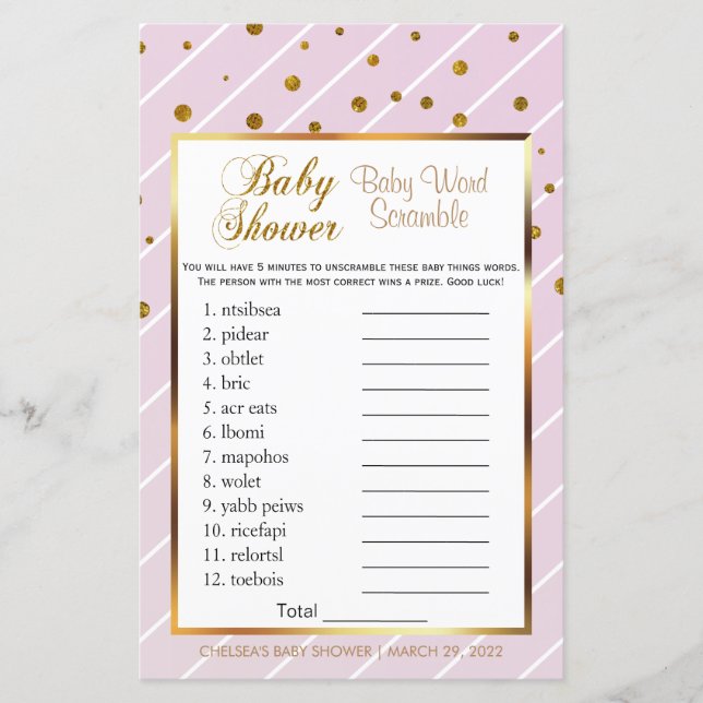 Sweet Baby Pink & Gold Baby Dusche - Word Scramble (Vorderseite)