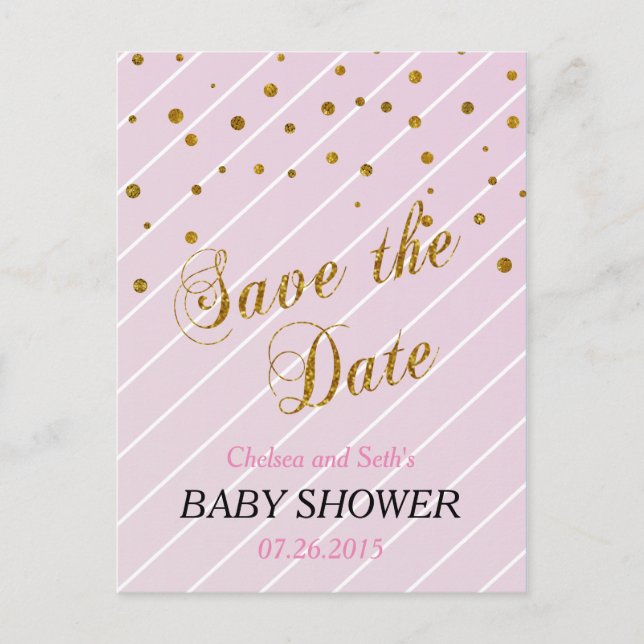 Sweet Baby Pink und Gold Confetti Einladungspostkarte (Vorderseite)