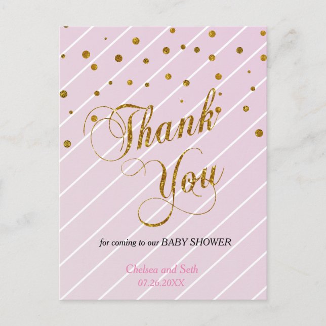 Sweet Baby Pink und Gold Confetti - Vielen Dank Postkarte (Vorderseite)