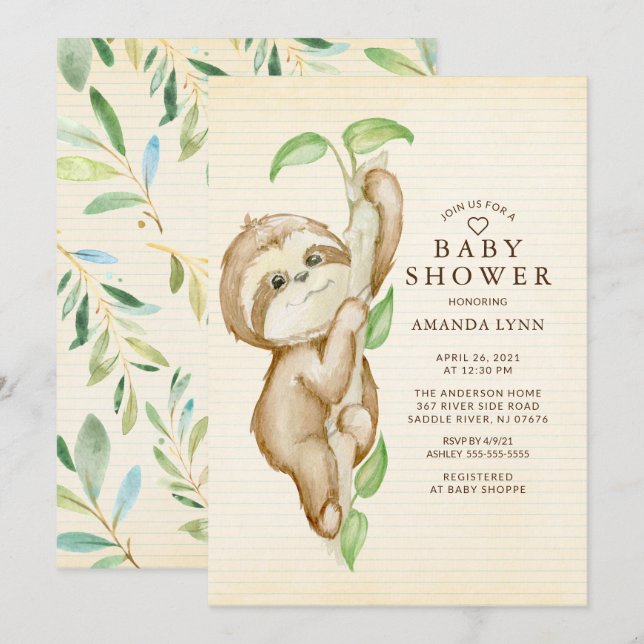 Sweet Baby Sloth Baby Dusche Einladung (Vorne/Hinten)