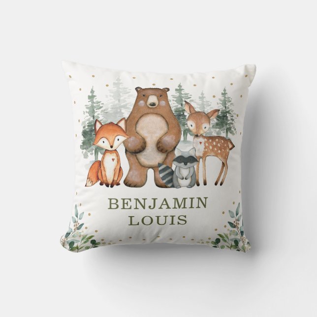 Sweet Baby Woodland Tiere Grüne Gold Kinderzimmer Kissen (Vorderseite)