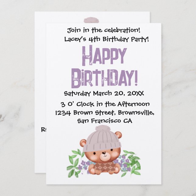 Sweet Beanie Bear Geburtstag Einladung für Kinder (Vorne/Hinten)