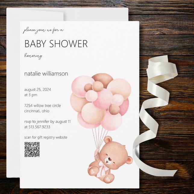 Sweet Bear with Balloons Baby Shower QR Code Einladung (Also available without QR code. )