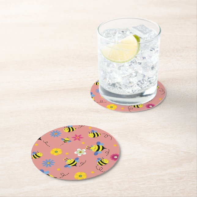 Sweet Bee Blossom Garden Runder Pappuntersetzer (Vor Ort)