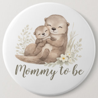 Sweet Beige Watercolor Otter Botanical Mommy To Be Button