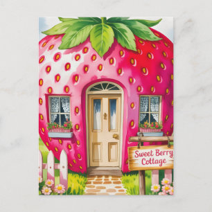 "Sweet Berry Cottage" Whimsisches Erdbeerhaus Postkarte