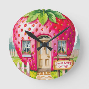 "Sweet Berry Cottage" Whimsisches Erdbeerhaus Runde Wanduhr