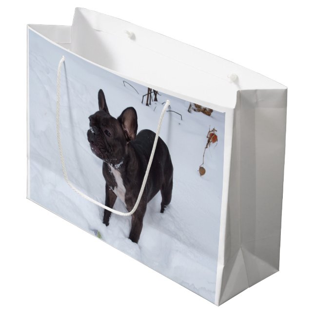 Sweet Black Bulldog mag Schnee Große Geschenktüte (Vorderseite Schrägansicht)