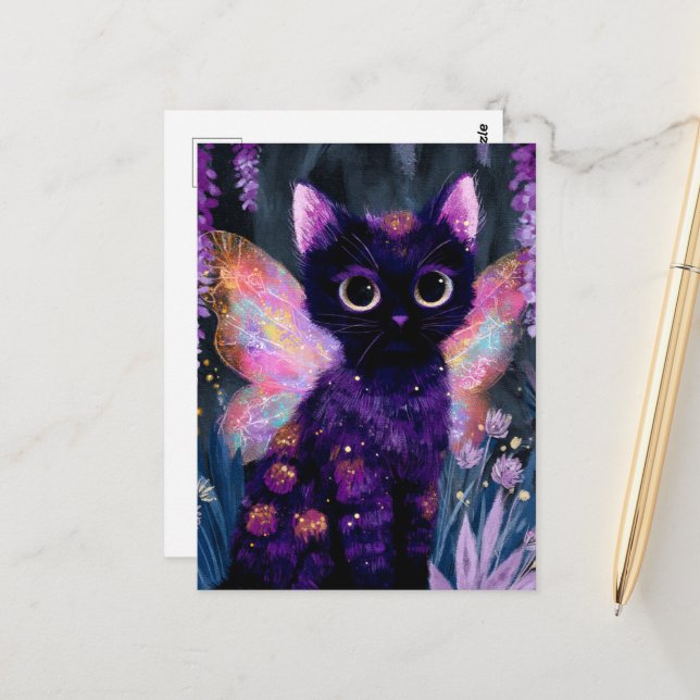 Sweet Black Cat Fairy Postkarte (Vorderseite/Rückseite Beispiel)
