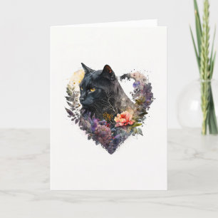 Sweet Black Cat in Purple Flowers Valentinstag Feiertagskarte