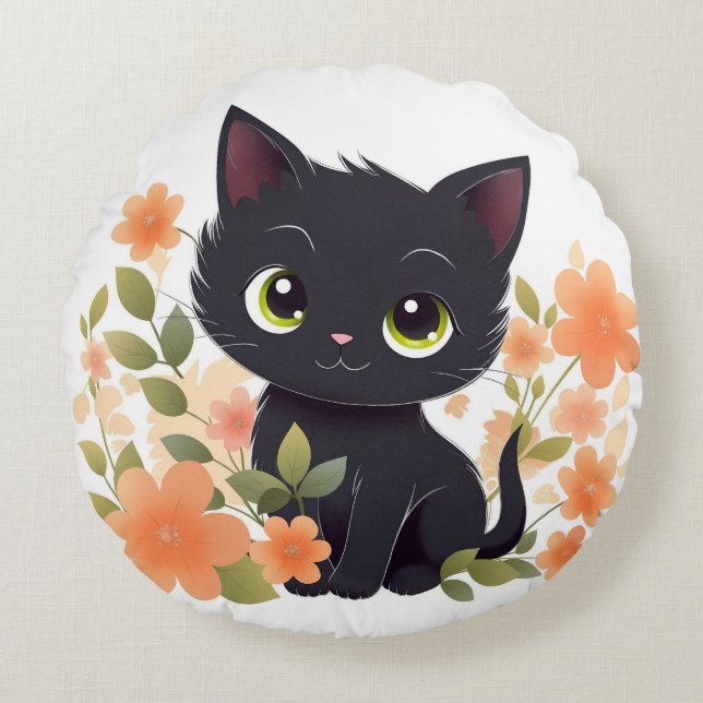 Sweet Black Kitten mit Blume Kawaii Chibi Rundes Kissen (Vorderseite)