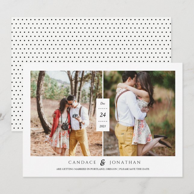 Sweet Black & White Dots Save the Date mit zwei Fo Einladung (Vorne/Hinten)