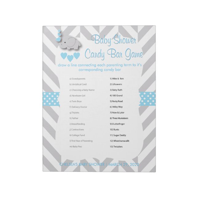 Sweet Blue and Gray Elephant Baby Shower - Game Notizblock (Rotiert)