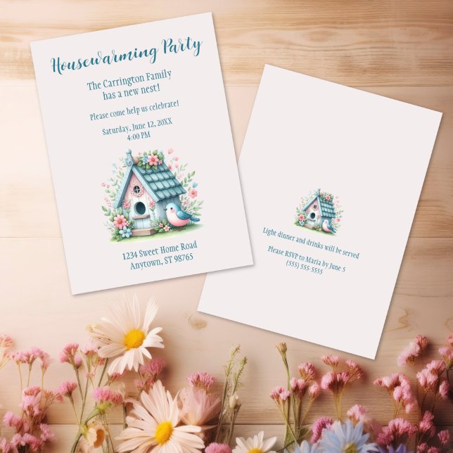 Sweet Blue and Pink Birdhouse Housewarming Party Einladung (Sweet Blue and Pink Birdhouse Housewarming Party Invitation)