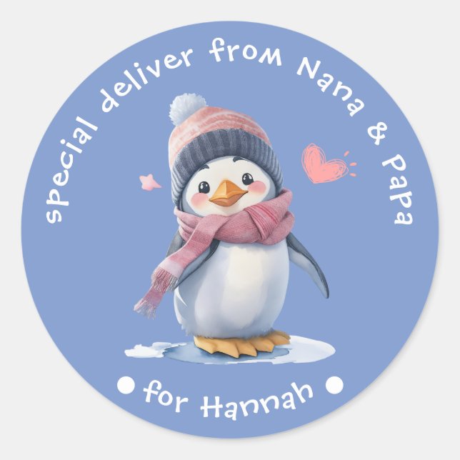 Sweet Blue Baby Pinguin Weihnachtslabel für Kinder Runder Aufkleber (Vorderseite)