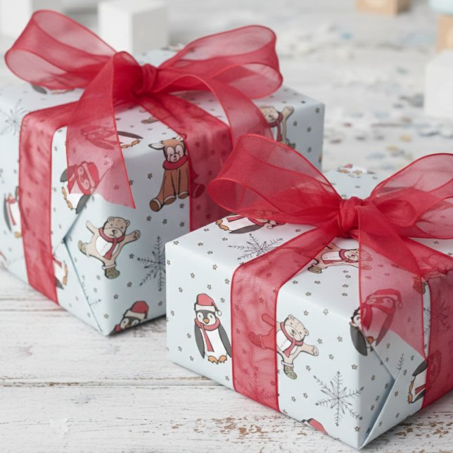 Sweet Blue Babys Erster Weihnachtsfest Wintertiere Geschenkpapier (Baby Blue Winter Stuffed Animals, Snowflakes, Polka Dots Pattern Gender Neutral Xmas Kids Gift Wrap)