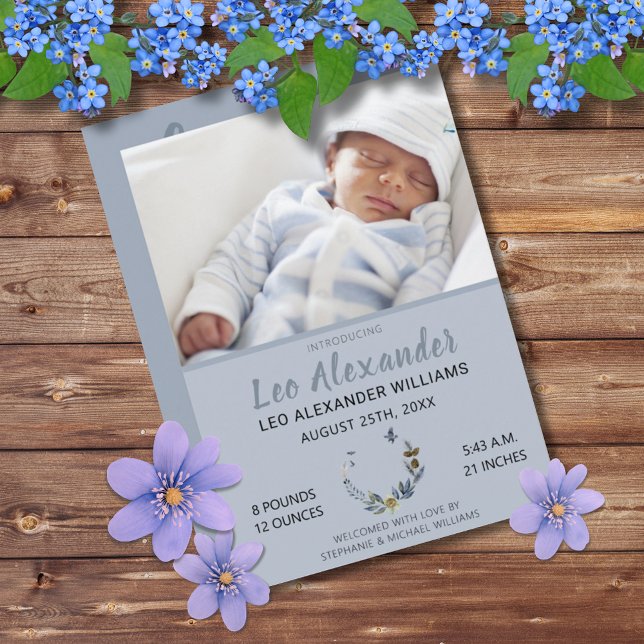 Sweet Blue Boho Floral Baby Boy Foto Birth Ankündigung (Sweet Blue Boho Floral Baby Announcement Photo Card)