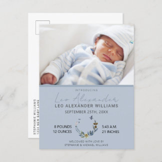 Sweet Blue Boho Floral Baby Boy Foto Birth Announ Ankündigungspostkarte