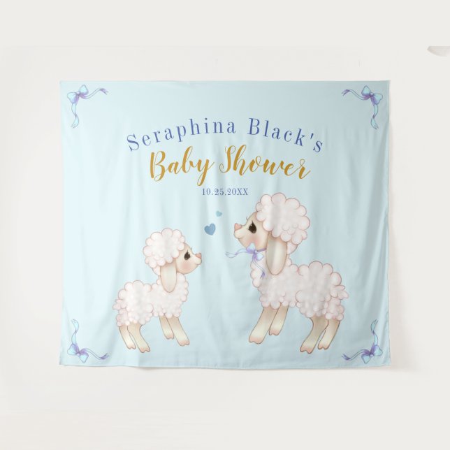 Sweet Blue Boy Lamb Babydusche Hintergrund Wandteppich (Vorderseite (Horizontal))