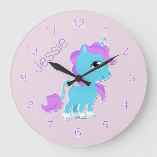 Sweet Blue Cartoon Unicorn Custom Wall Clock Große Wanduhr